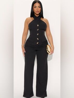 Fashion Nova Black Halter Wide-Leg Jumpsuit with Gold Buttons